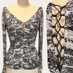 Moody floral corset tie long sleeve top stretchy gathered ruching paisley‎ y2k